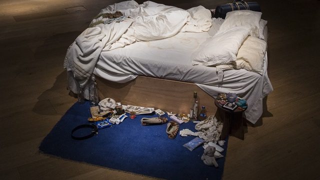 LONDON, ENGLAND - JUNE 27:  Tracy Emin's 1998 piece 'My Bed' on display at Christie's on June 27, 2014 in London, England. This iconic work from the YBA moment is being offered at auction for the first time and is estimated to sell for between 800,000 - 1.2 million GBP.  (Photo by Rob Stothard/Getty Images)